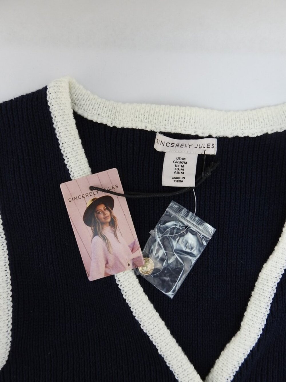 Sincerely Jules Womens Knit Sweater Vest Navy White Trim Button Front Preppy NWT - Picture 4 of 7